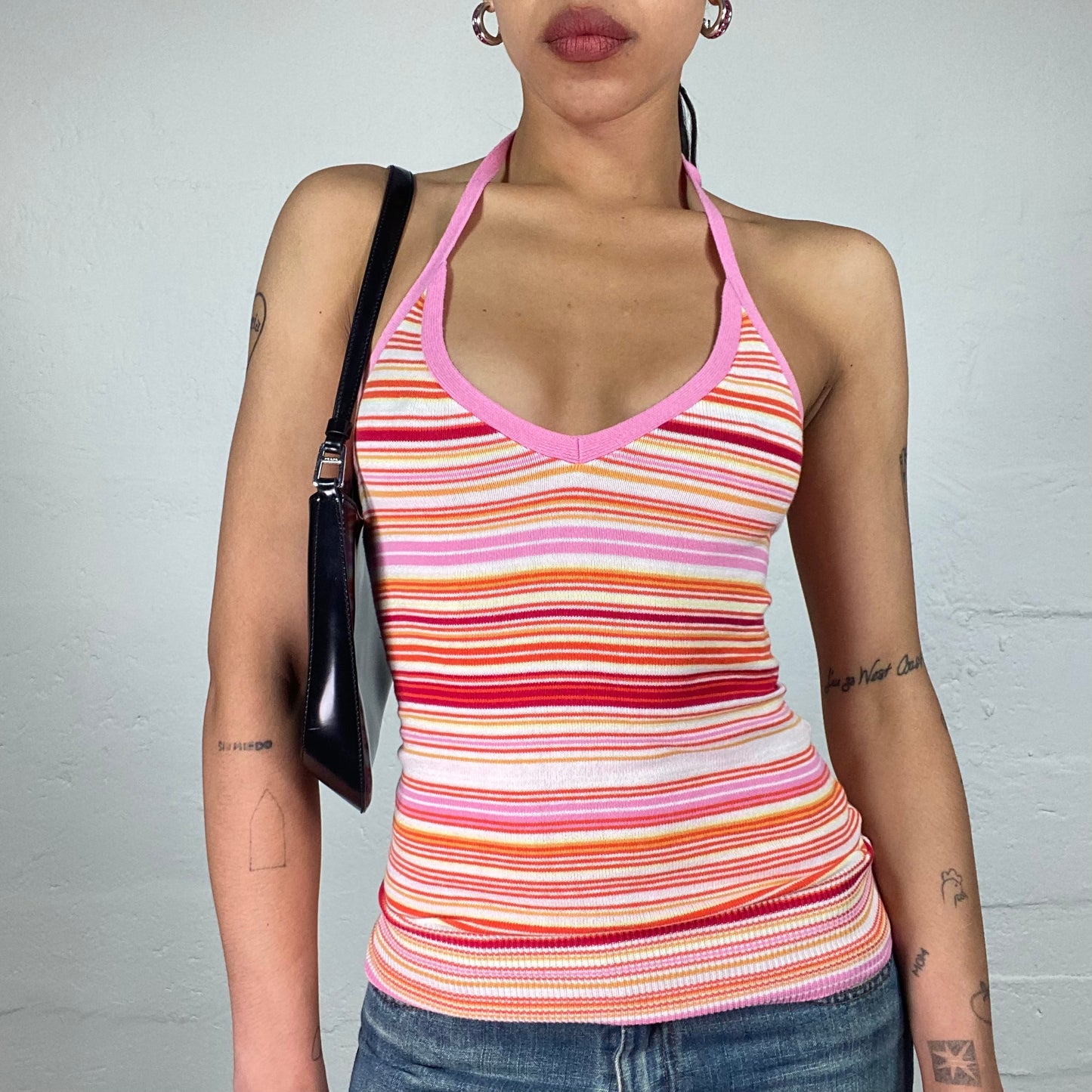 Vintage 2000's Summer Girl Pink Toned Jersey Striped Neckholder Top (XS)