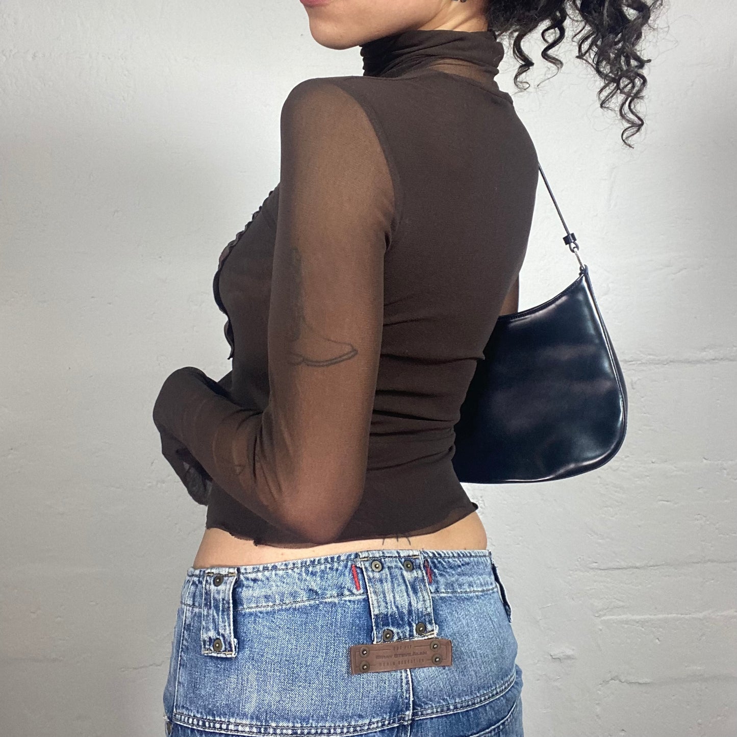 Vintage 2000's Glam Brown Mesh Turtle Neck Longsleeve Top with Satin Embroidery (S)
