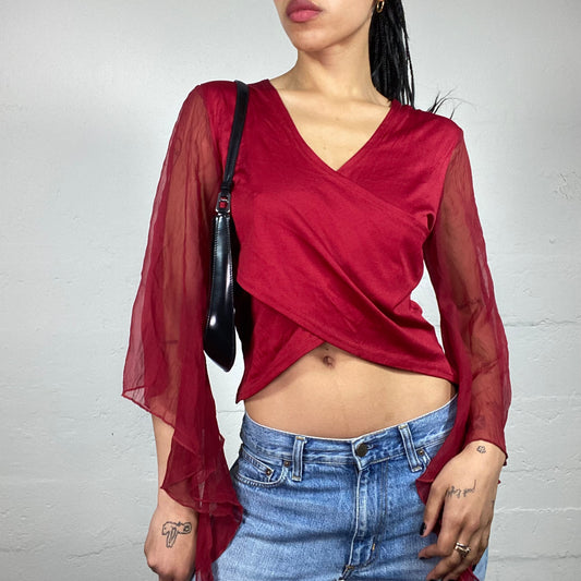 Vintage 2000's Romantic Red Wrap Up Flare Draped Mesh Sleeve Top (L)