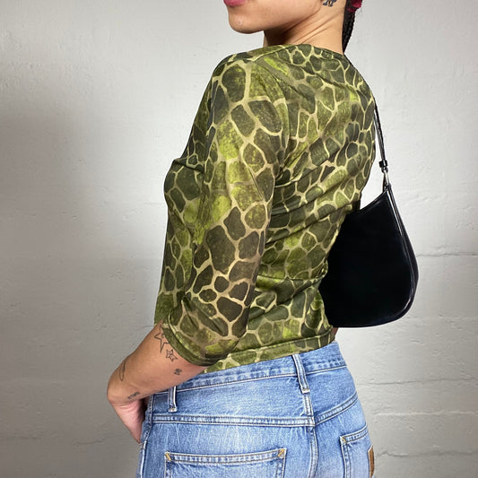 Vintage 2000's Downtown Girl Green 2/4 Sleeve Top with Golden Patches Print (M)