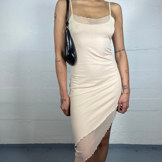 Vintage 2000's Sunny Date Light Beige Asymmetric 2-Layers Cami Dress with Mesh Details (M)