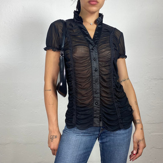 Vintage 2000's Chic Black Mesh See Through Ruffled Button Up Shirt with Coquette Sleeves (L)