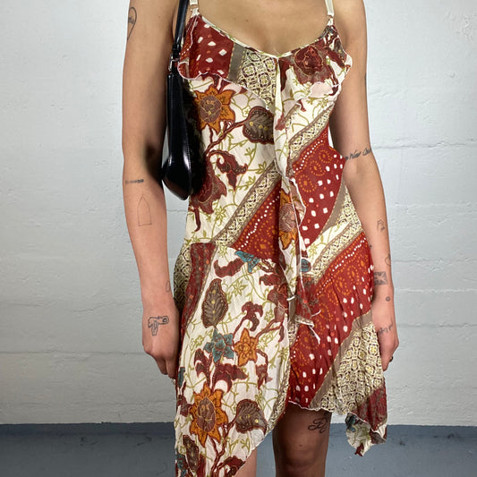 Vintage 2000's Boho Girl Warm Toned Asymmetric Trim Printed Cami Dress with Ruffle Details (M)