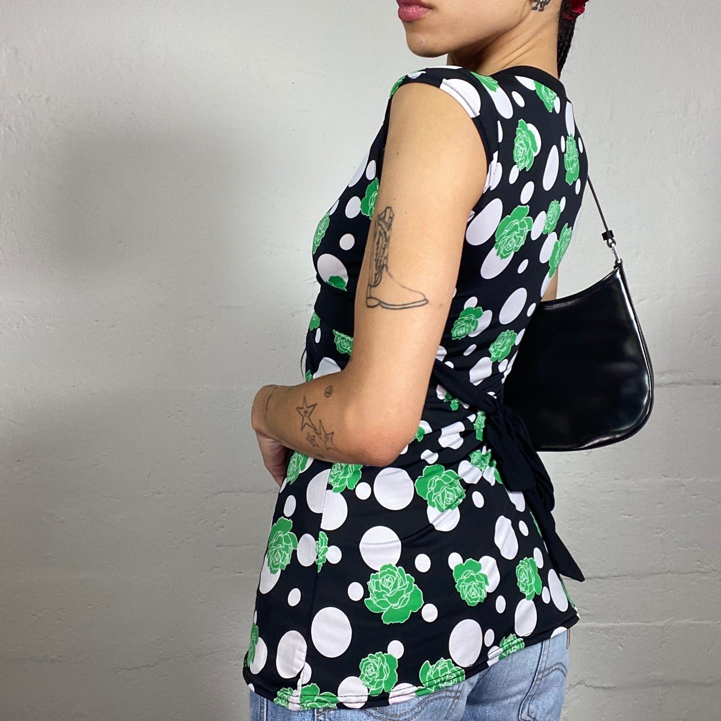 Vintage 2000's Glam Black Coquette Fit Long Top with White and Green Print and Metal Ring Detail (S)