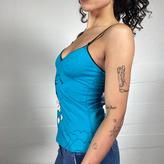 Vintage 2000's Playful Blue Cami Top with Cartoon Baby Print and Black Seaming (S/M)