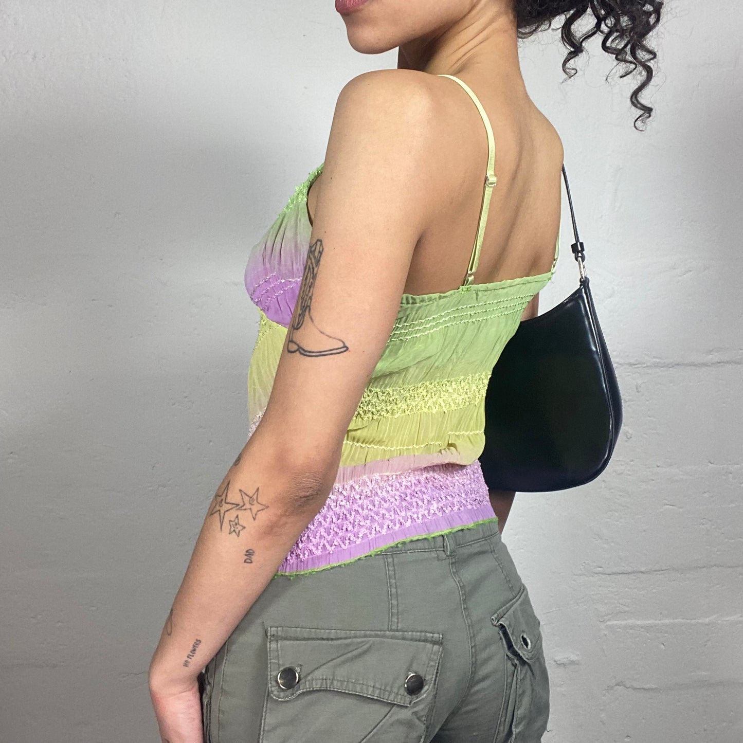 Vintage 2000's Forest Fairy Light Green and Pink Ruffled Cami Top (M)