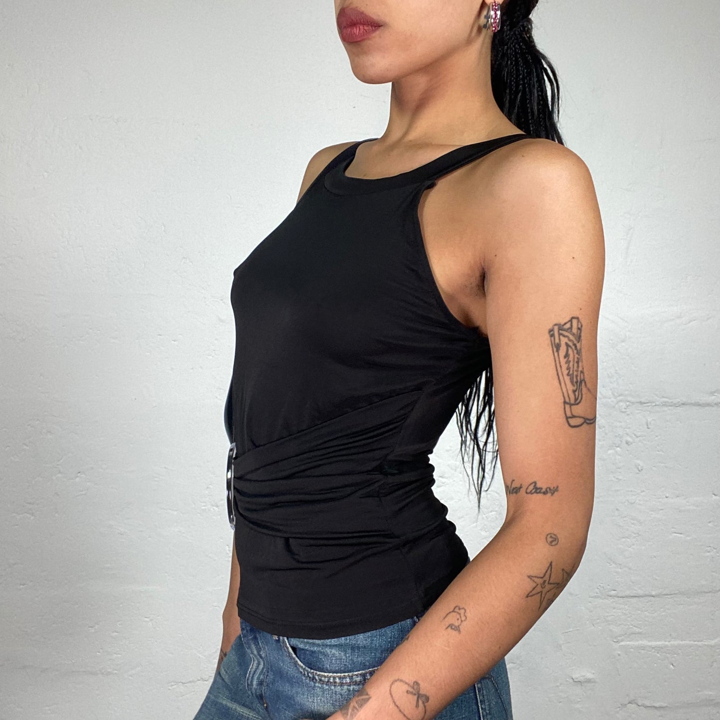 Vintage 2000's Clubwear Black Circle Neck Top with Transparent Ring Detail (M)