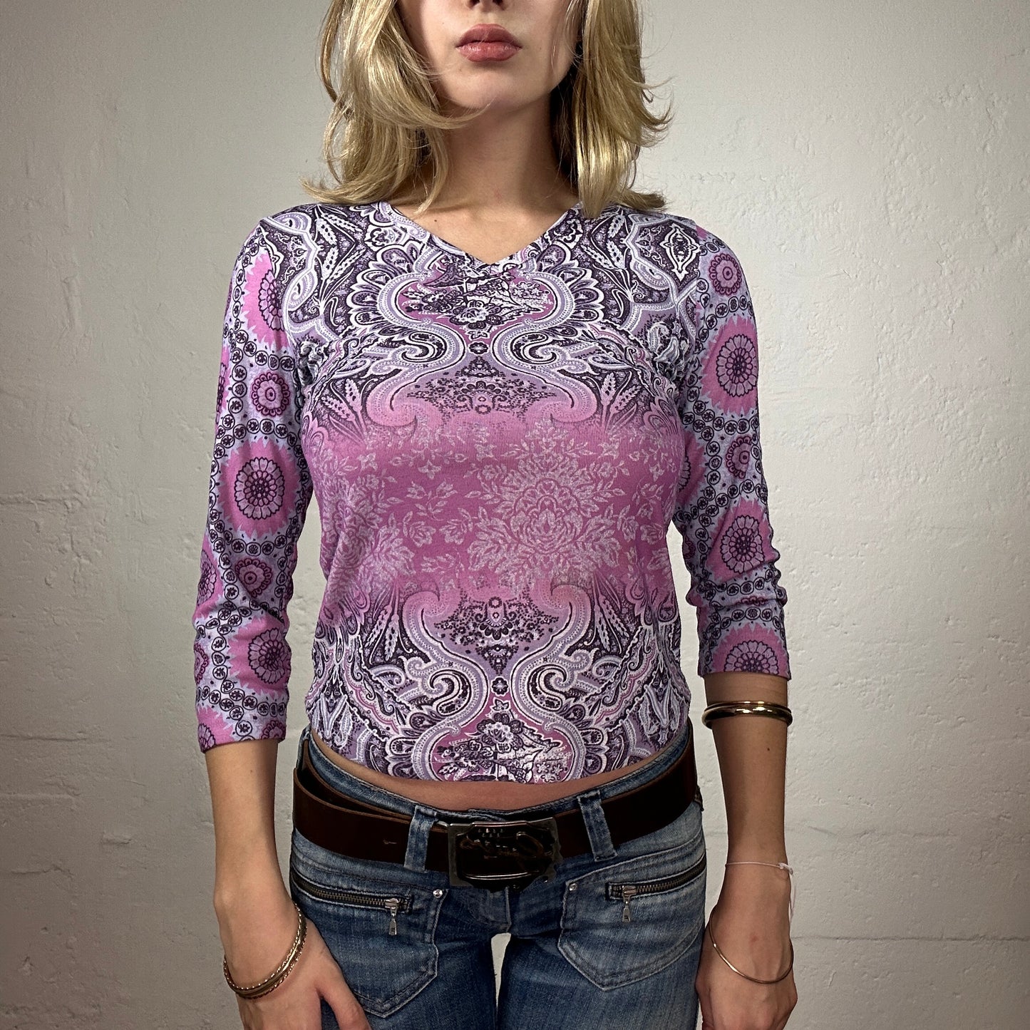 Vintage 2000's Romantic Pink Toned 3/4 Sleeve Boho Print Top (M)