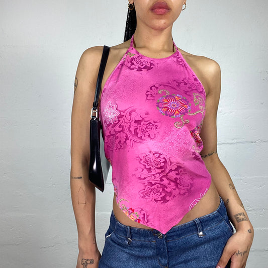 Vintage 2000's Boho Girl Hot Pink Printed Neckholder Top (L)