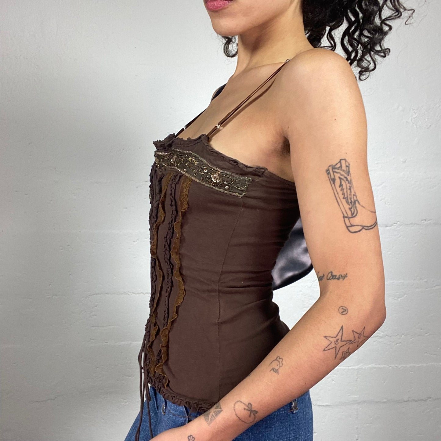 Vintage 2000's Baroque Brown Textures Lace Up Detail Cami Top with Sequins Embroidery (L)