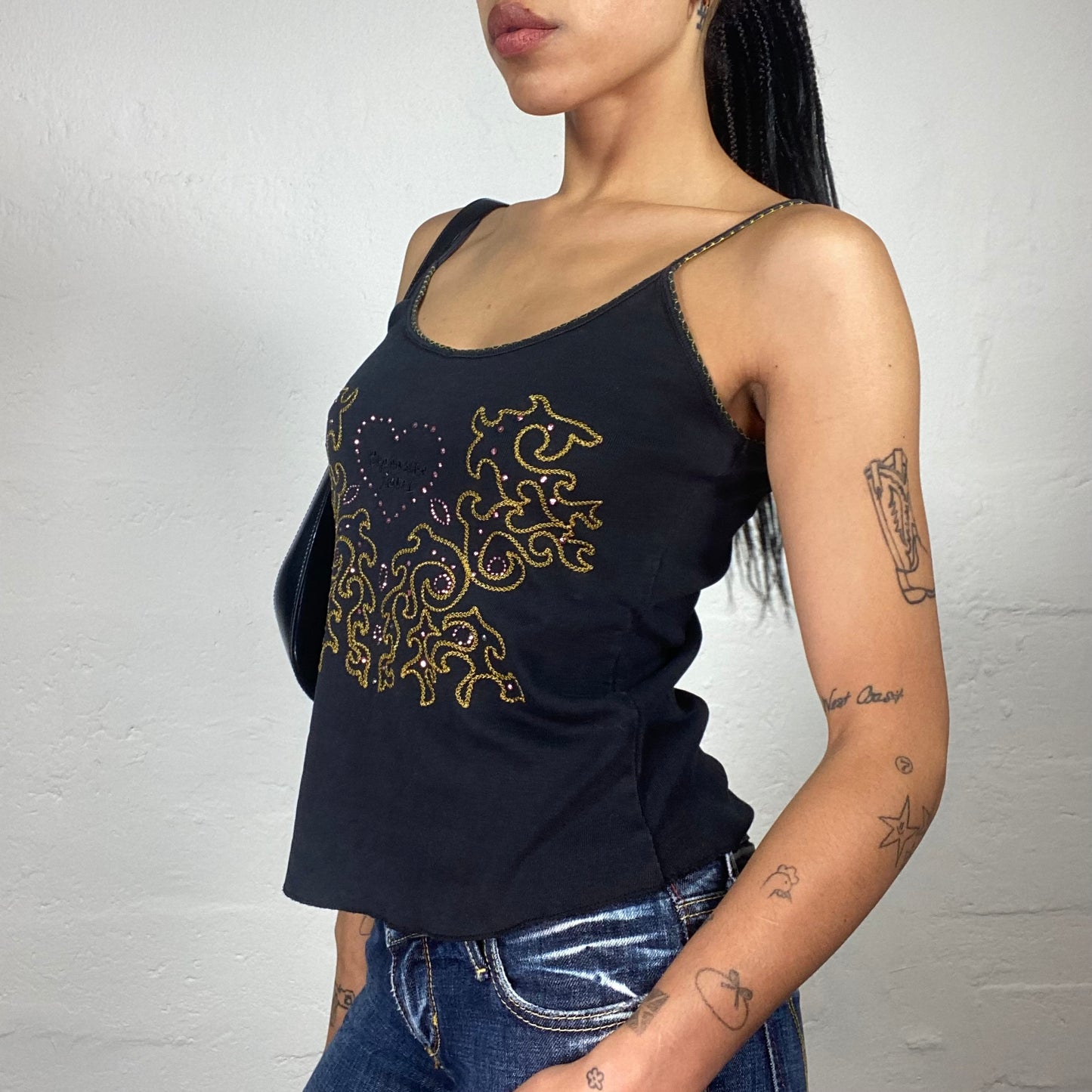 Vintage 2000's Downtown Girl Black Cami Top with Gold Abstract Print and Pink Rhinestone Heart Embroidery (L)