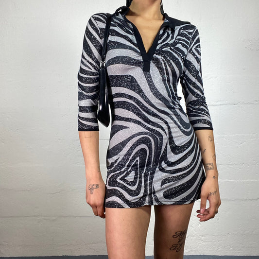 Vintage 2000's Clubwear Grey and Black Futuristic Waves Print Glitter Shimmer Mini Dress (S)