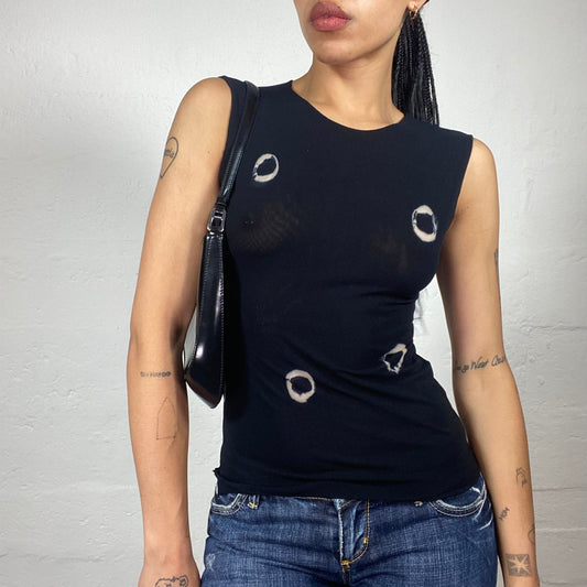 Vintage 2000's Classy Girl Black Mesh See Through Tank Top with Metal Rings Print (S)