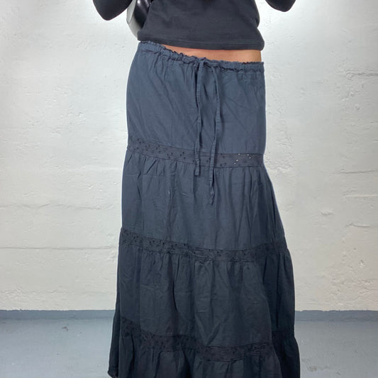 Vintage 2000's Summer Boho Navy Blue Ruffled Maxi Skirt with Lace Decorations (S)