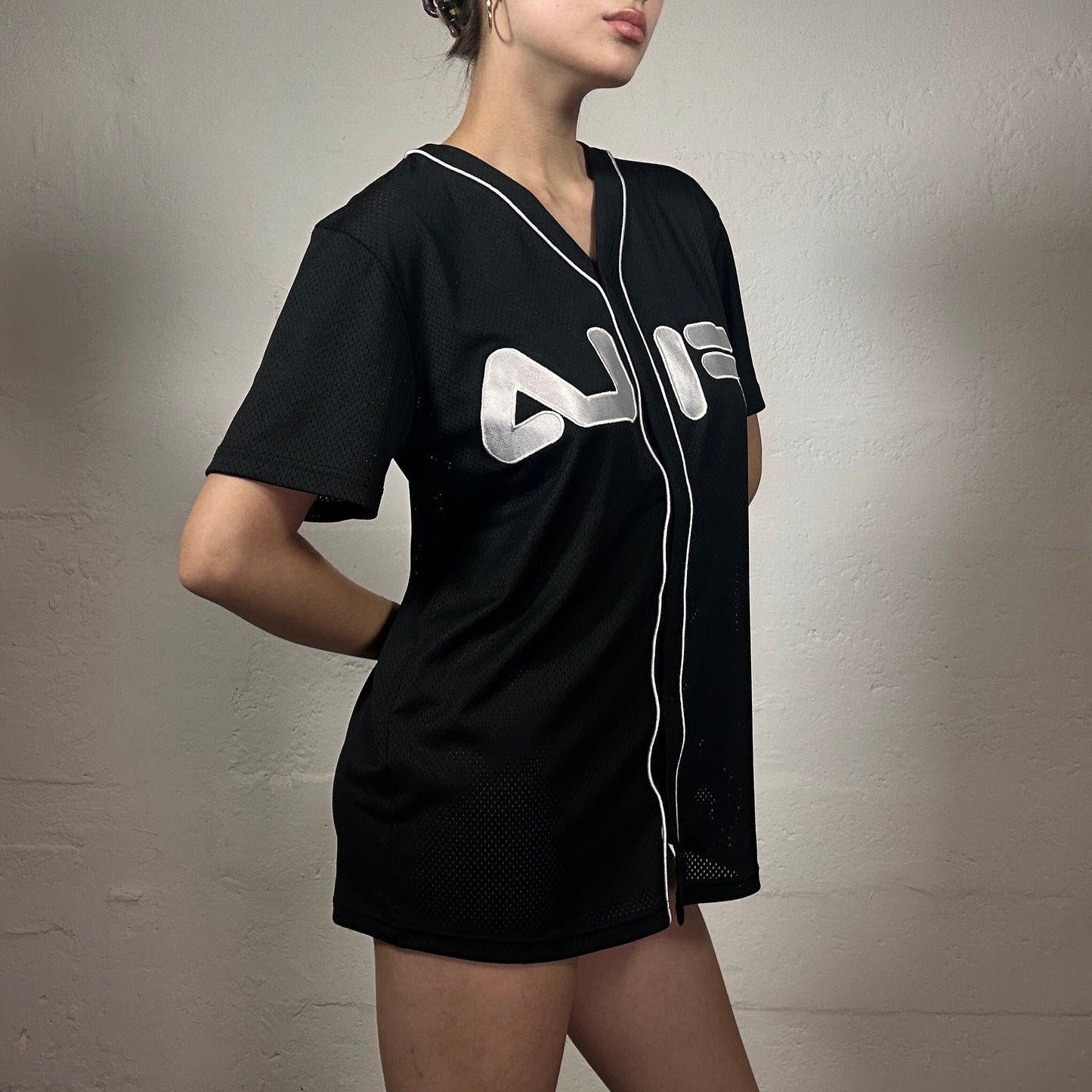 Vintage 2000's Fila Sporty Black Button Up Oversized Shirt with White Detail and Logo Embroidery (XS)