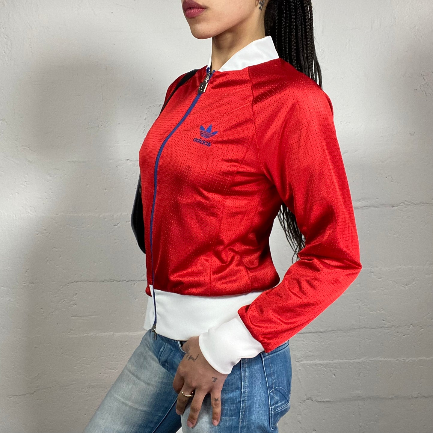 Vintage 2000’s Archive Adidas Sheer Red and Blue Two-Sided Zip Up with White Details and Blue Zipper and Logo (S)