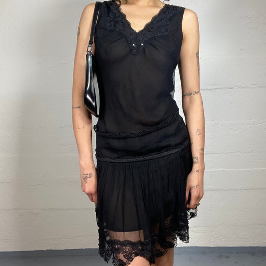 Vintage 2000's Dark Coquette Chiffon Black Mesh Dress with Lace Decoration (M)