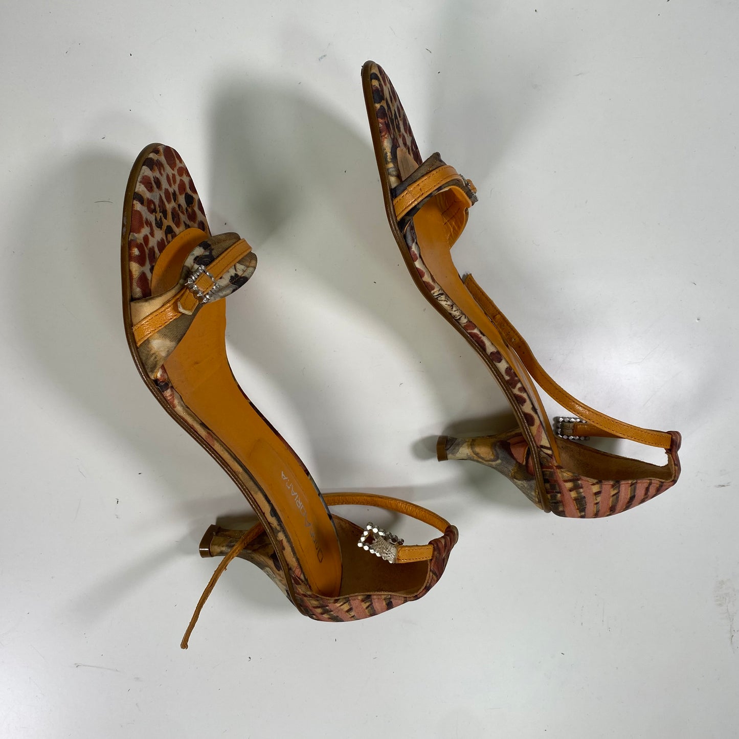 Vintage 2000's Glamorous Yellow and Brown Toned Leo Print Open Toe Heels with Rhinestone Detail (39)