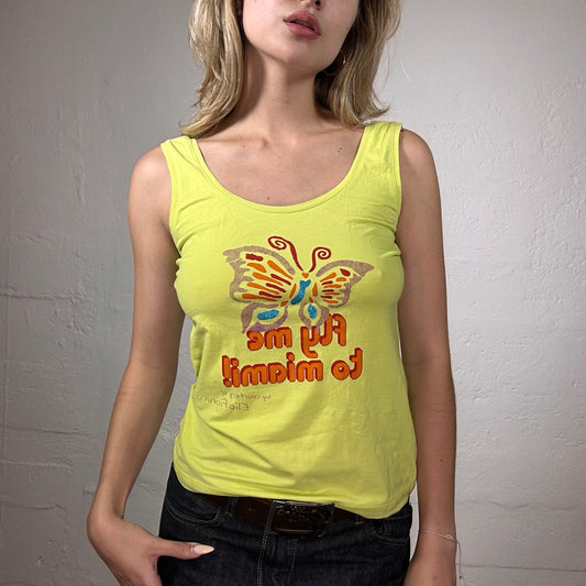 Vintage 2000's Fiorucci Cute Summer Neon Yellow Tank Top with Open Back and Butterfly and Typography Orange Print (S)