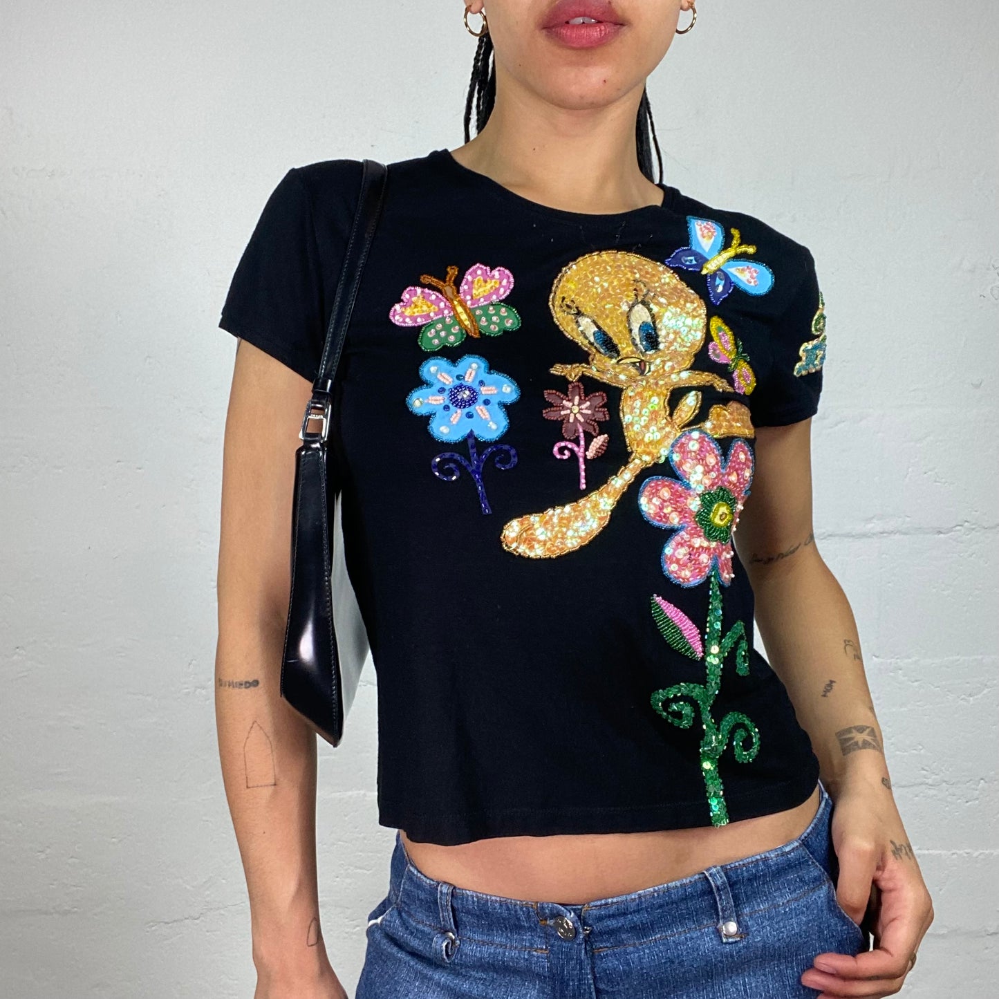 Vintage 2000's Tweety Funky Black Baby Tee with Fun Cartoon Sequin Embroidery (M)