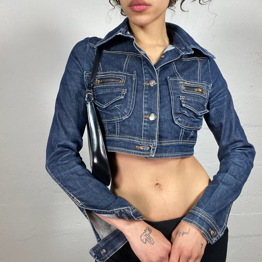 Vintage 2000's Hip-Hop Blue Denim Button Up Cropped Jacket (S)