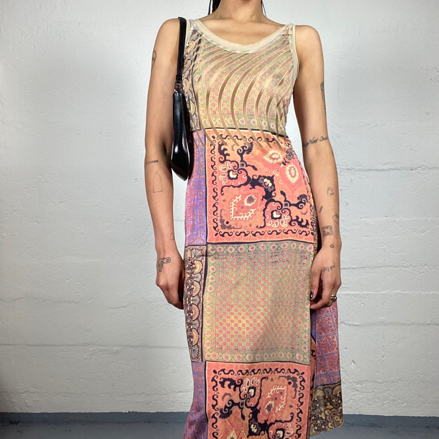 Vintage 2000's Boho Girl Pastel Palette Boho Printed Asymmetric Trim Midi Dress (S)