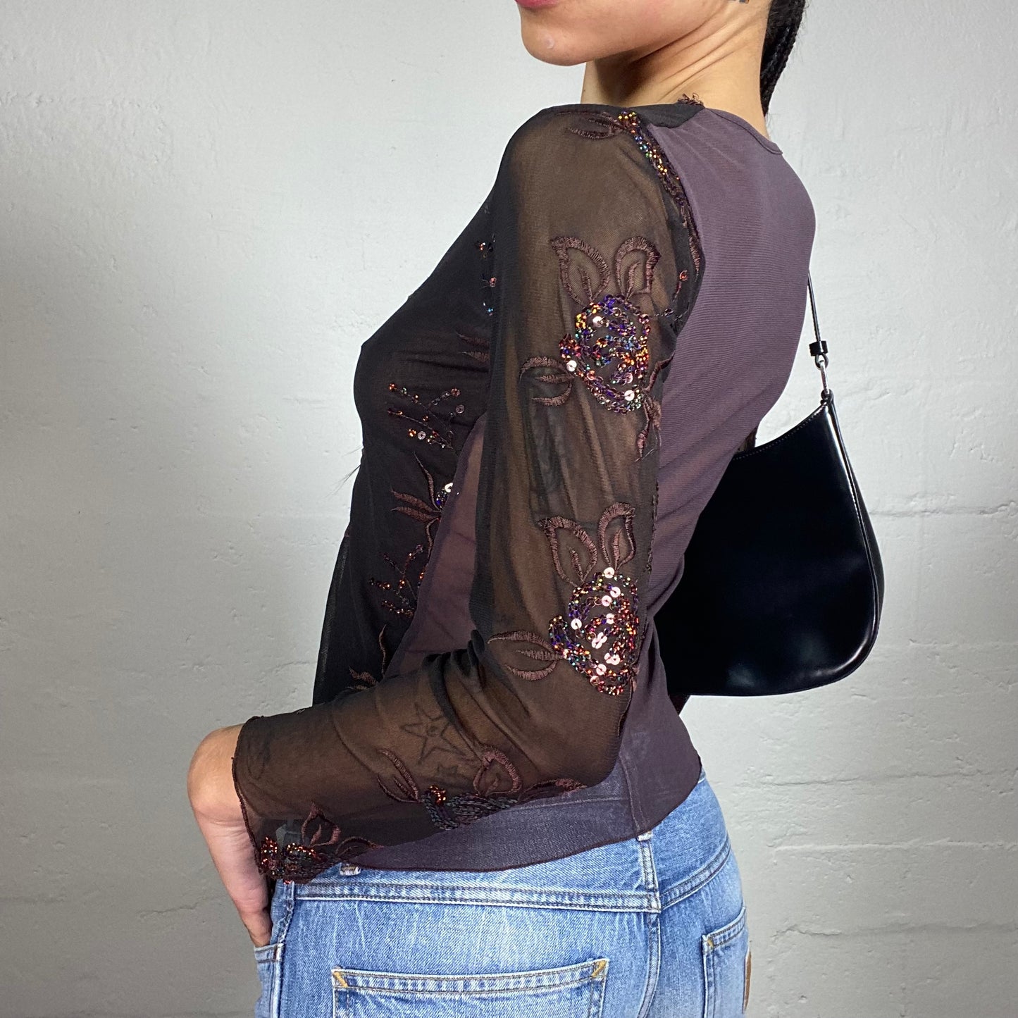 Vintage 2000's Boho Brown Mesh Longsleeve Floral Sequin Embroidery Top with Purple Mesh Back (M)