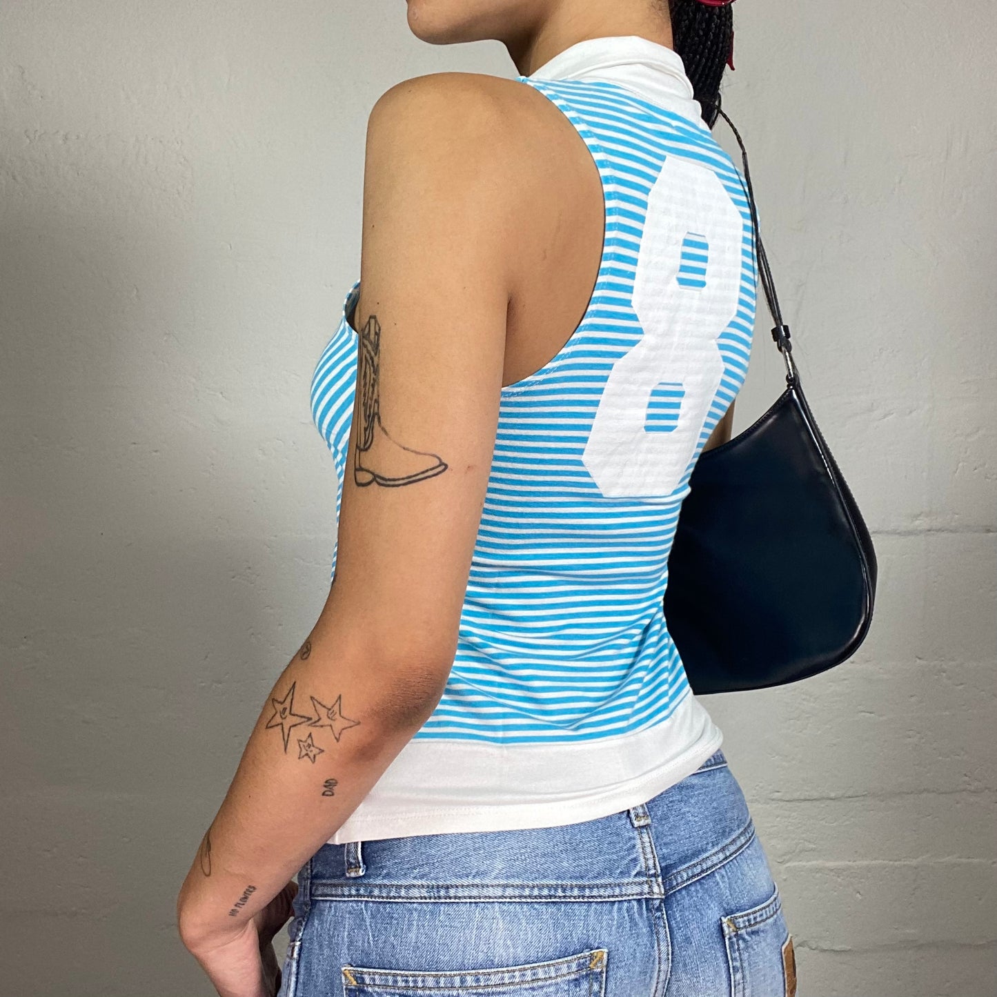 Vintage 2000's Sporty Baby Blue and White Striped Tank Top with Collar and 8 Embroidery on the Back (M)