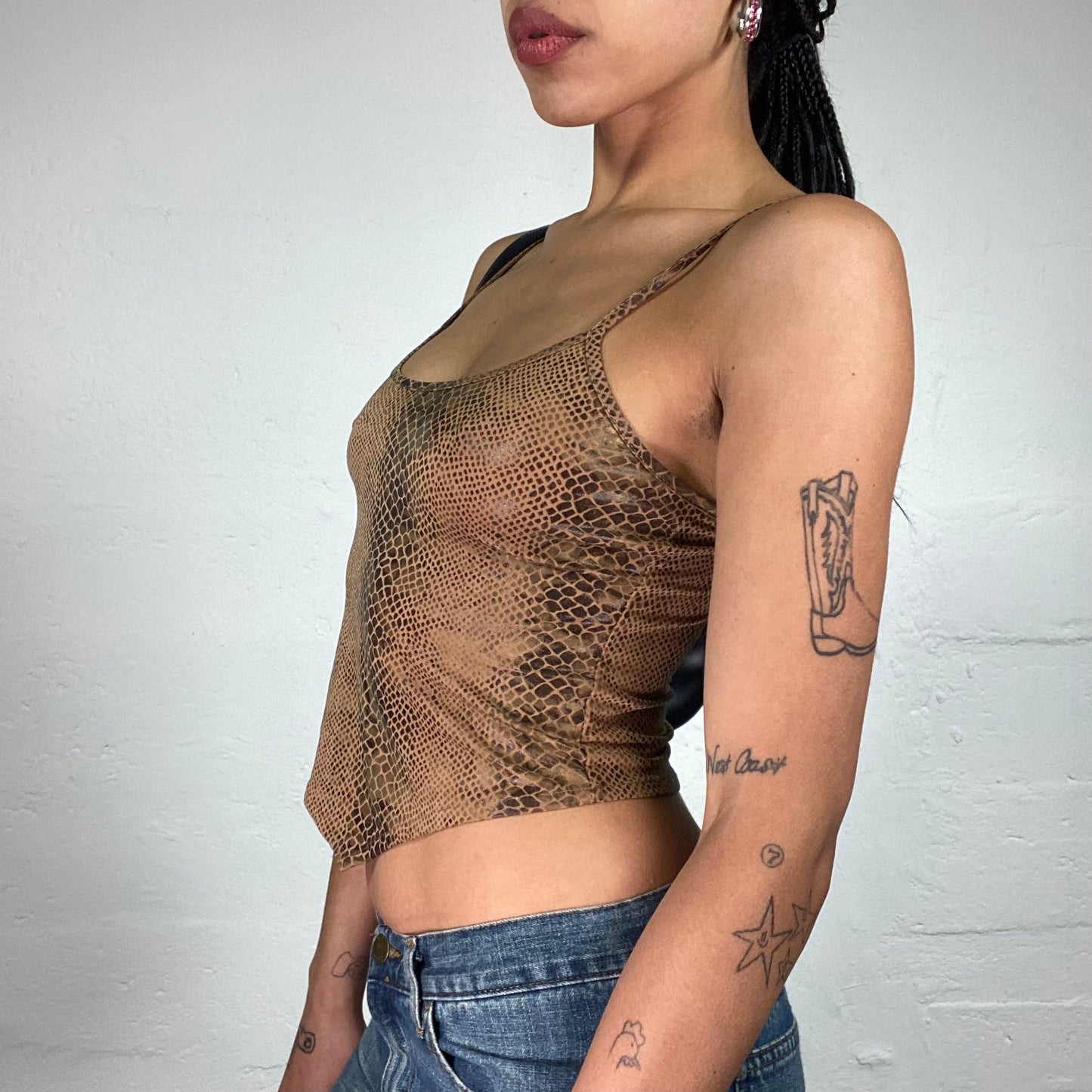 Vintage 2000's Downtown Girl Brown Toned Snake Skin Print Cropped Cami Top (S)