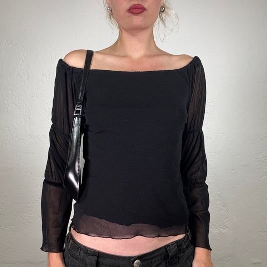 Vintage 2000's Downtown Girl Black Off Shoulder Top with Sleeve Scrunch Detail (S/M)