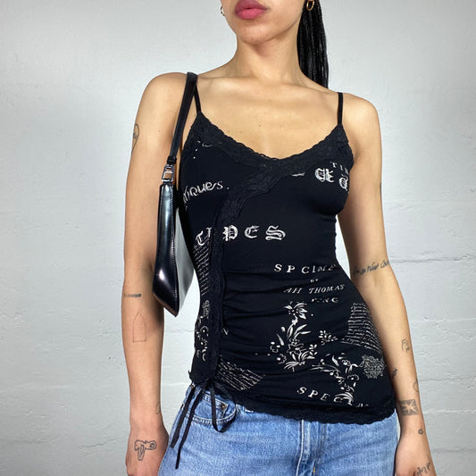 Vintage 2000's Grunge White Typography Print Black Cami Top with Lace Trim and Side Rubber Line (M)