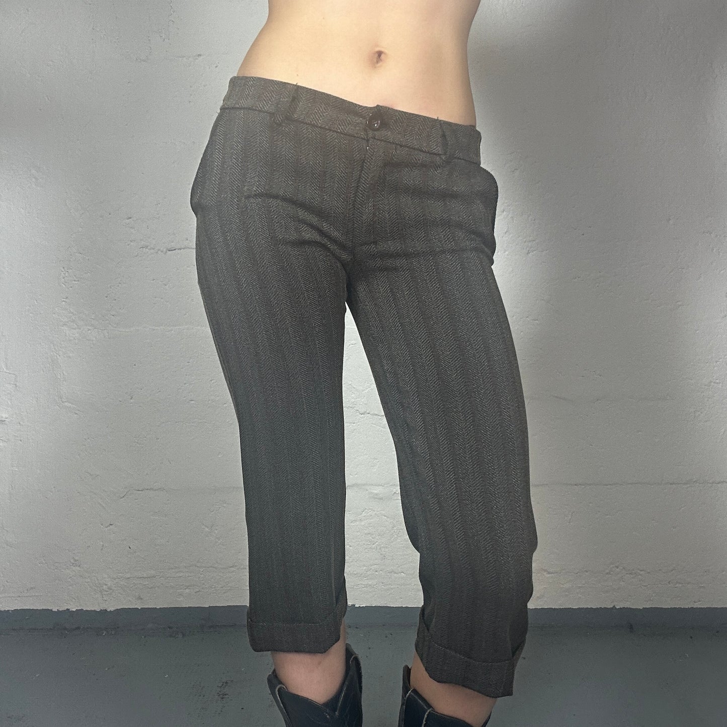 Vintage 2000’s Office Girl Capri Pants with Herringbone Pattern with Cuffed Ends (S)