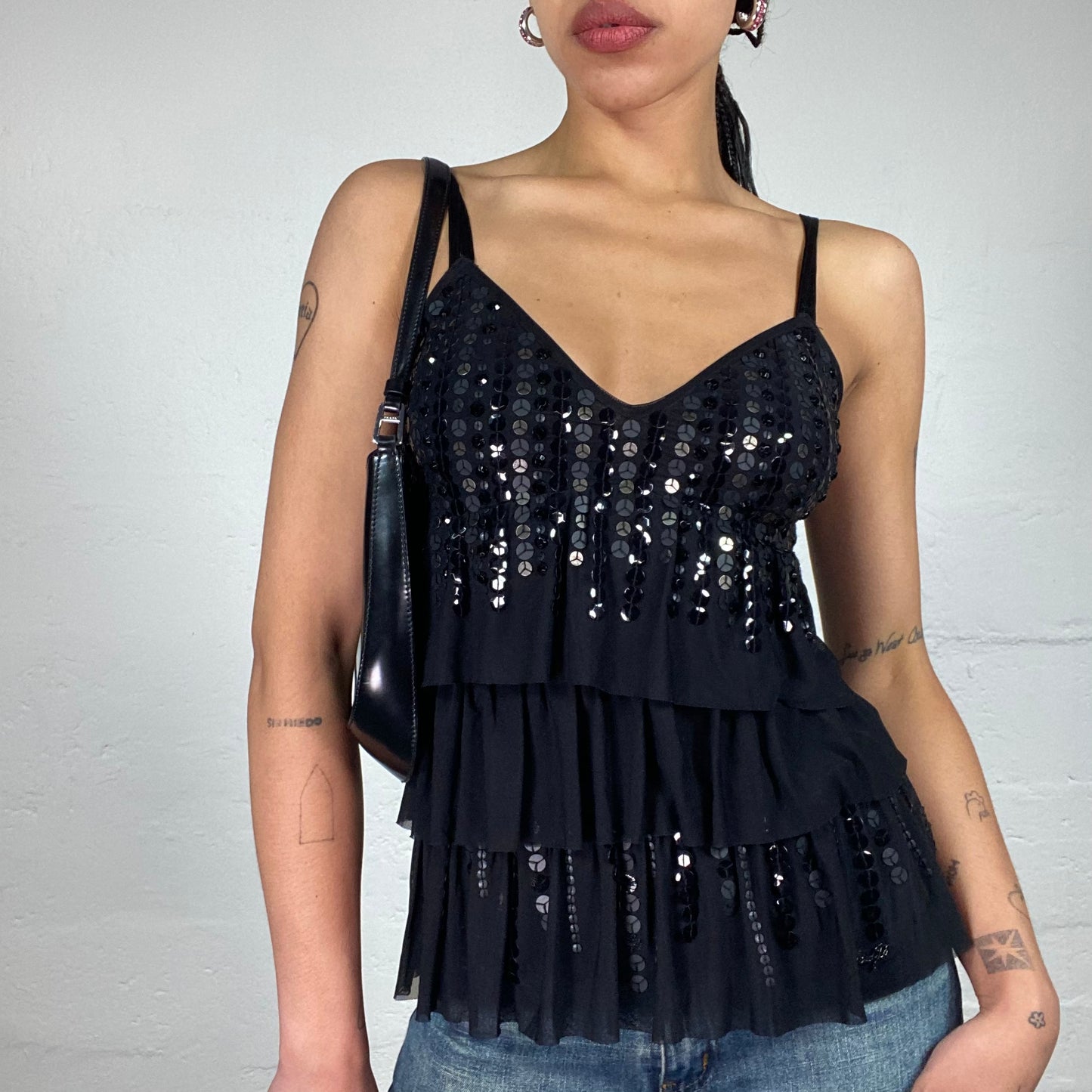 Vintage 2000's Liu Jo Clubwear Black Shiny Ruffled Layered Cami Top Covered in Silver Sequins (S)