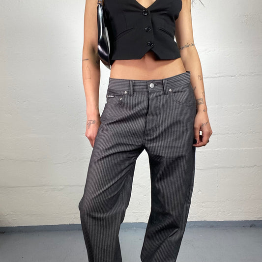Vintage 2000's Office Girl Striped Dark Grey Baggy Low Waisted Jeans (L)