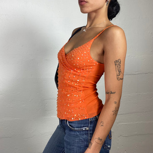 Vintage 2000's Clubwear Orange Cami Top with Sequin Embroidery and Wrapped Bra (S)