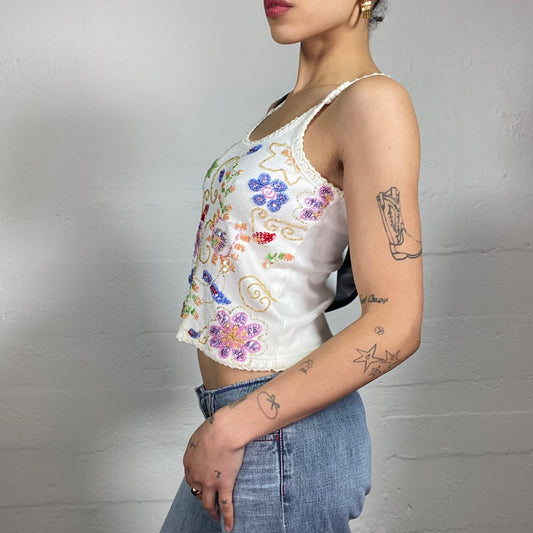 Vintage 2000's Summer Downtown Girl White Tank Top with Floral Sequins Embroidery (S)