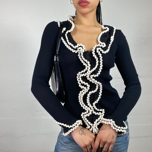 Vintage 2000's Coquette Black Jersey Longsleeve Striped Texture Corset Closing Top with White Embroidered Ruffled Trim (M)