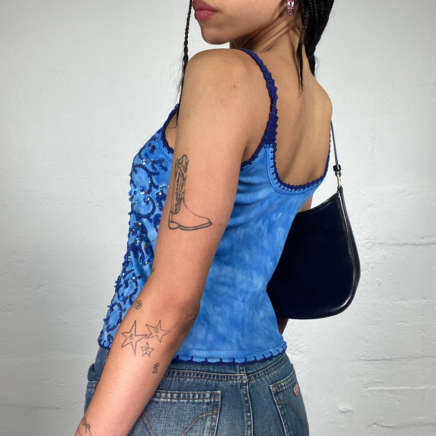 Vintage 2000's Summer Girl Sky Blue Jersey Tank Top with Crochet Details and Sequin Embroidery (S)