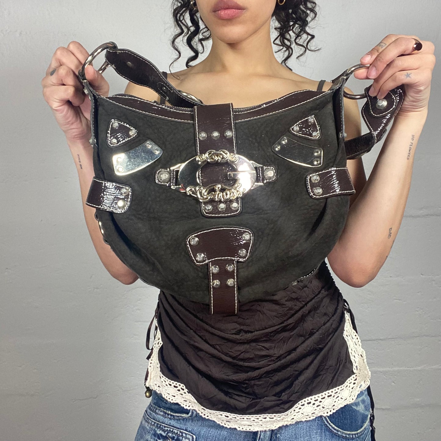Vintage 2000's Glamorous Guess Brown Glossy Leather and Belts Details Shoulder Bag