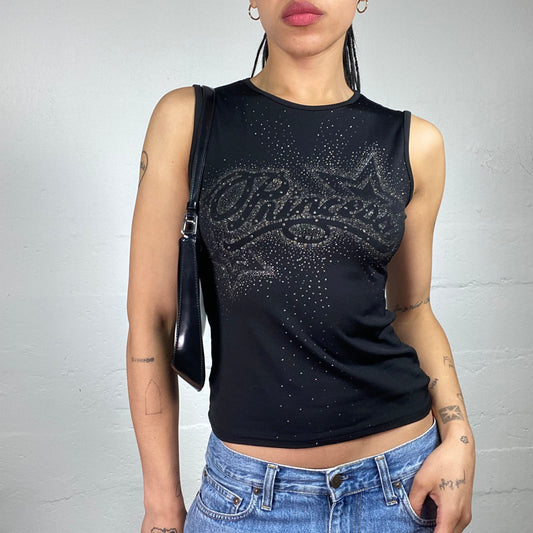 Vintage 2000's Biker Girl Black Tank Top with Shiny Princess Rhinestone Embroidery (M)