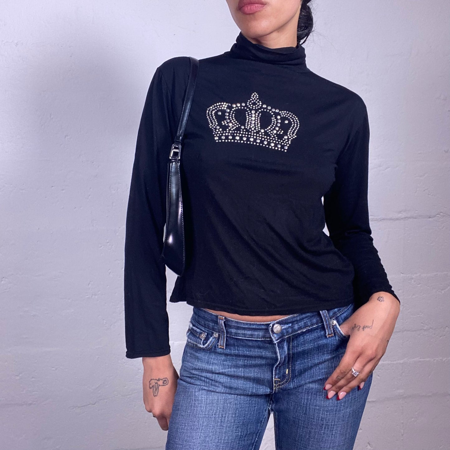 Vintage 2000's Night Out Black Longsleeve Turtleneck Top with Crown Rhinestone Embroidery (M/L)