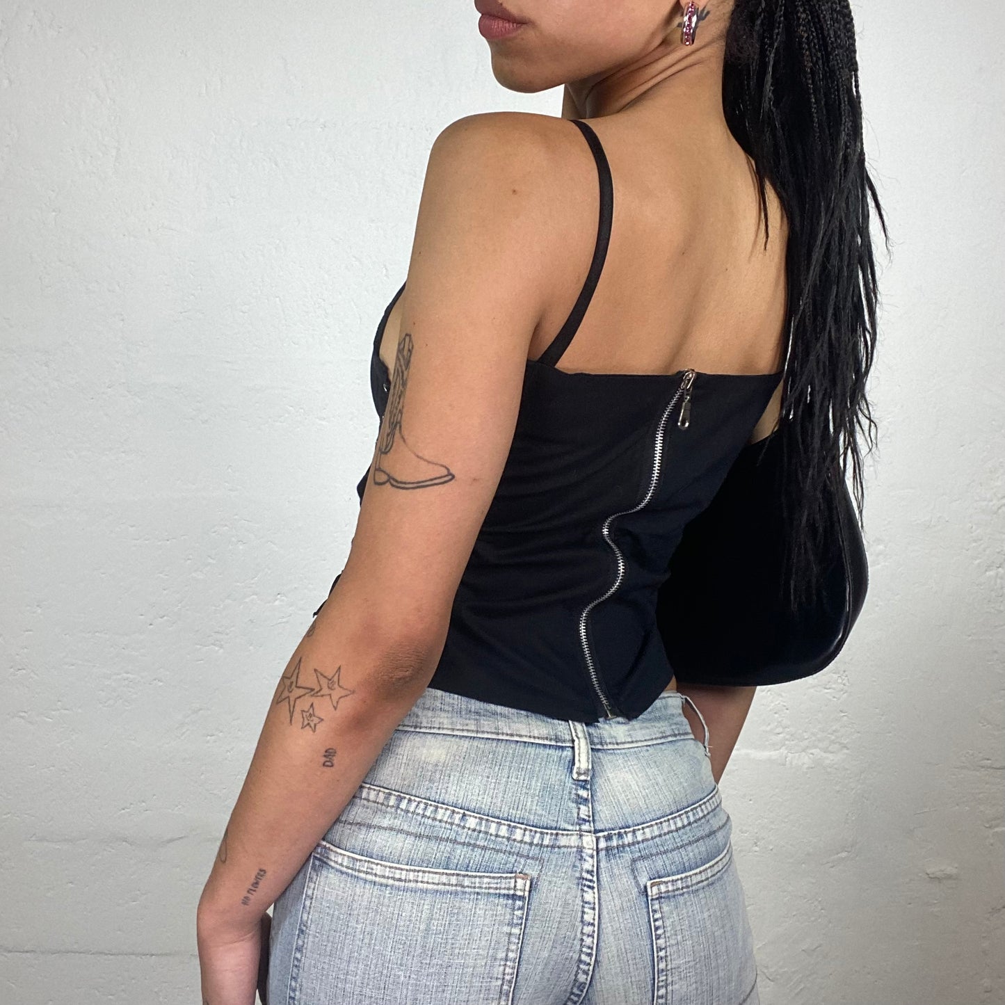 Vintage 2000’s Grunge Biker Girl Black Cami Corset Top with Multiple Lace Up Details (S)