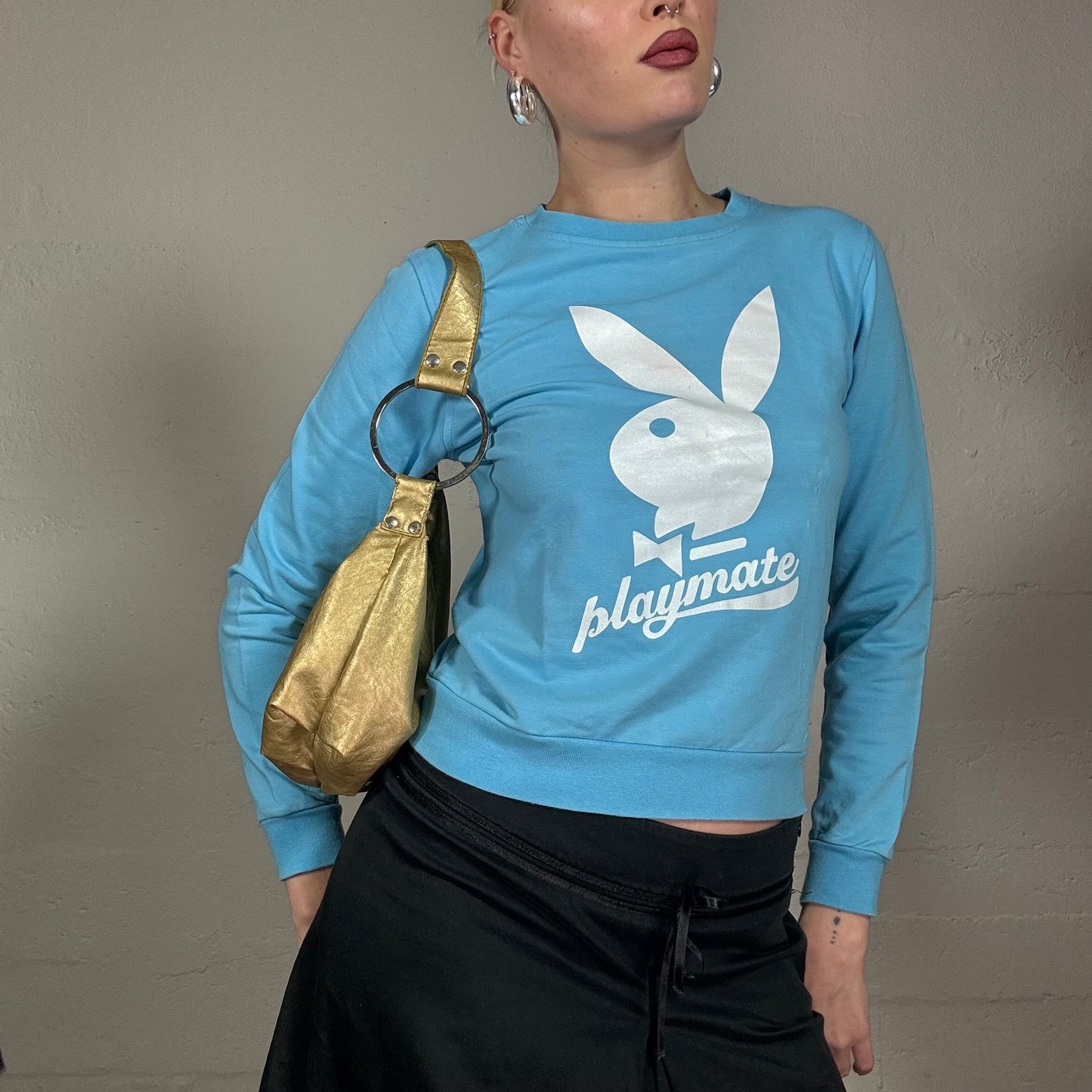 Vintage 2000's Playboy Downtown Girl Aqua Blue Sweater with White Brand Logo Print (S)
