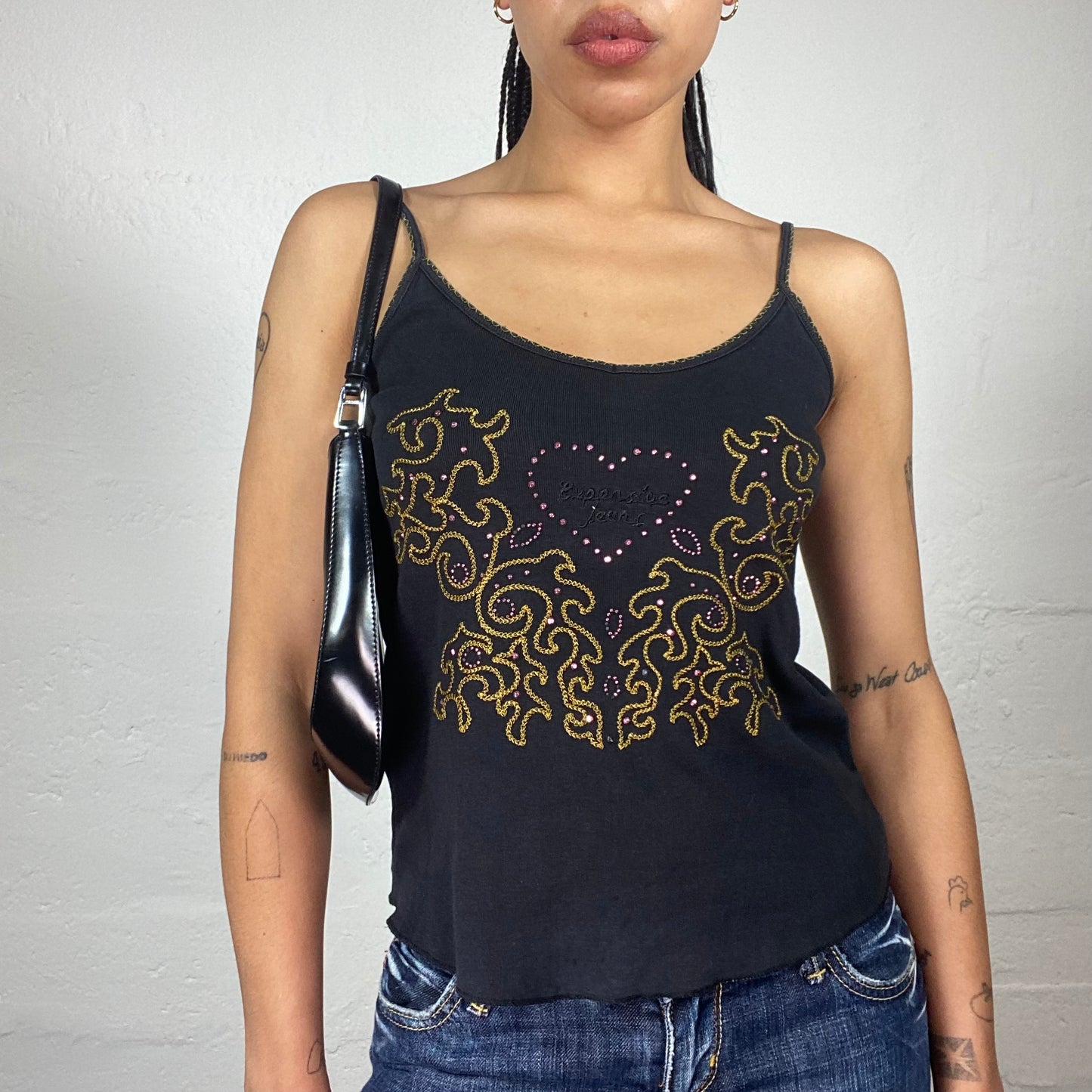 Vintage 2000's Downtown Girl Black Cami Top with Gold Abstract Print and Pink Rhinestone Heart Embroidery (L)