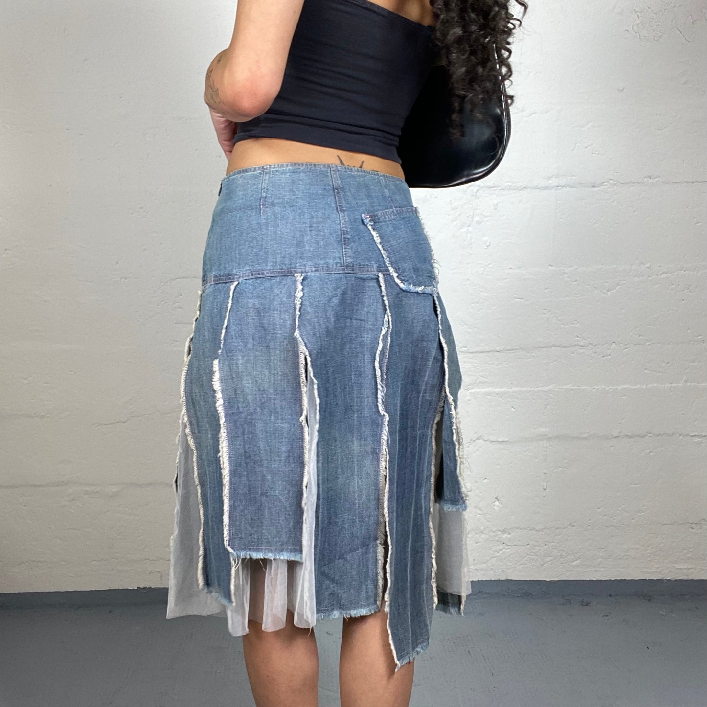 Vintage 2000's Downtown Girl Light Denim Cut Open Trim Midi Skirt (M)