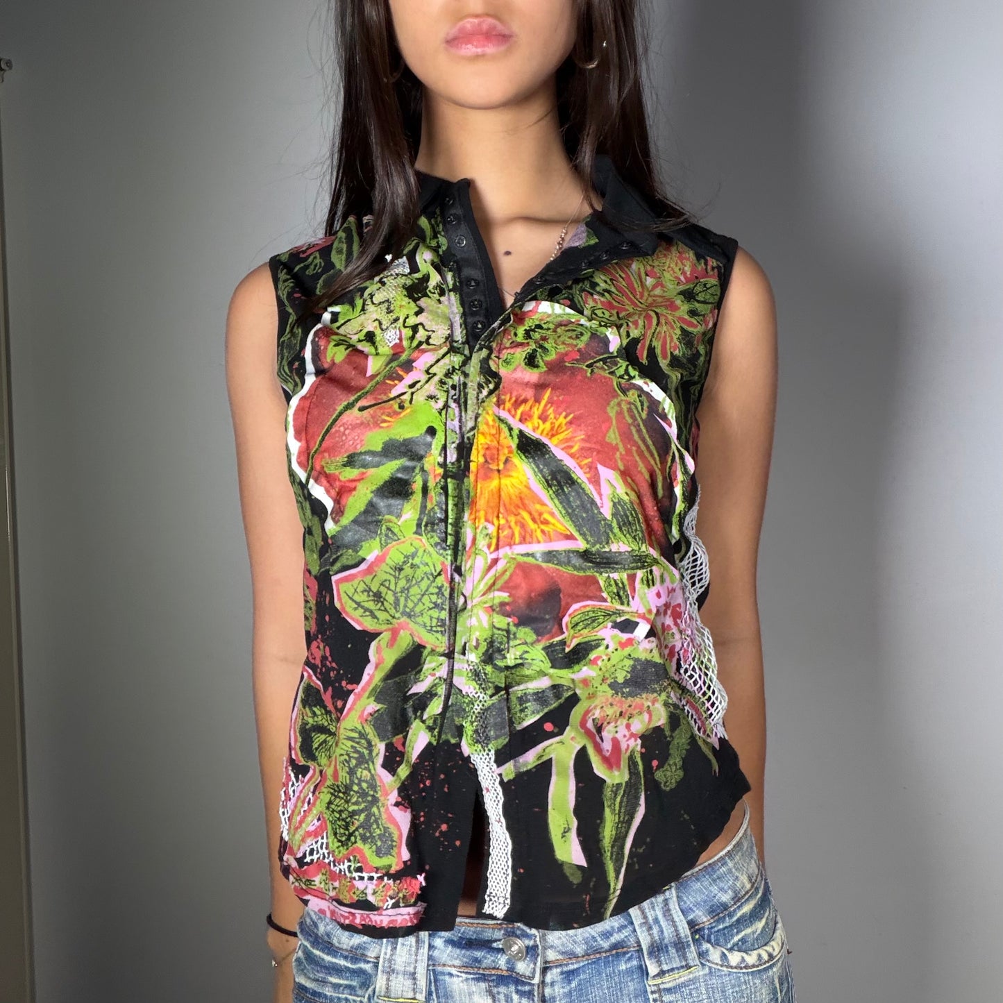 Vintage 2000's  Sleaze Black Floral Print Sleeveless Top with Rhinestone Detail (M)