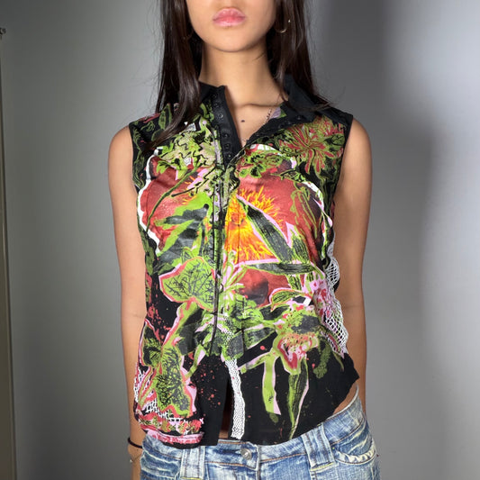 Vintage 2000's  Sleaze Black Floral Print Sleeveless Top with Rhinestone Detail (M)