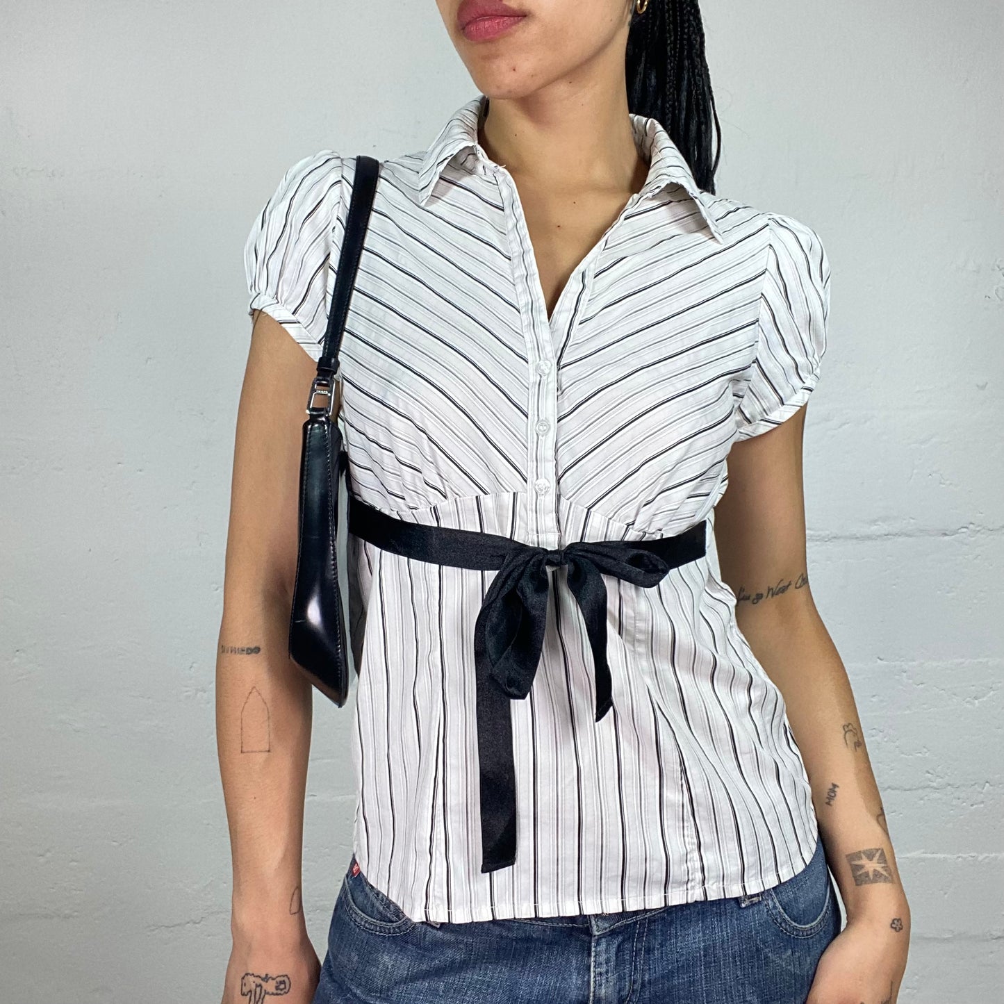 Vintage 2000's Office Girl White Striped Doll Fit Button Up Shirt with Black Binding Waist Band (M)
