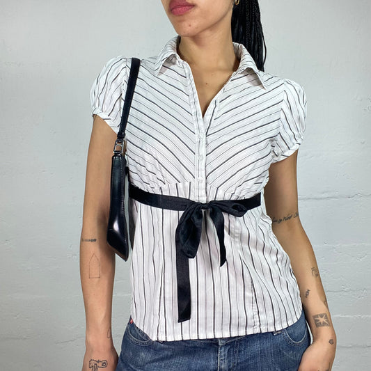 Vintage 2000's Office Girl White Striped Doll Fit Button Up Shirt with Black Binding Waist Band (M)