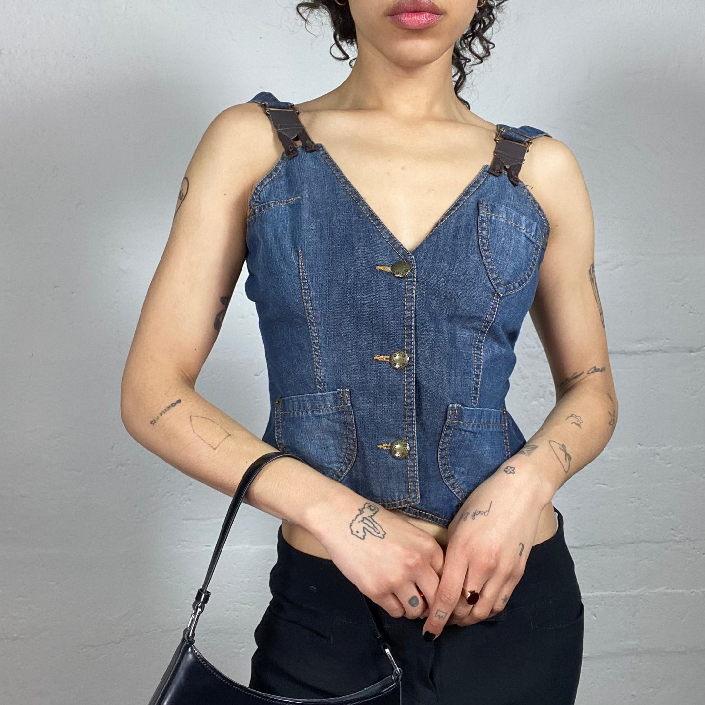 Vintage 2000's Coquette Blue Denim Vest Style Top with Pockets (S)
